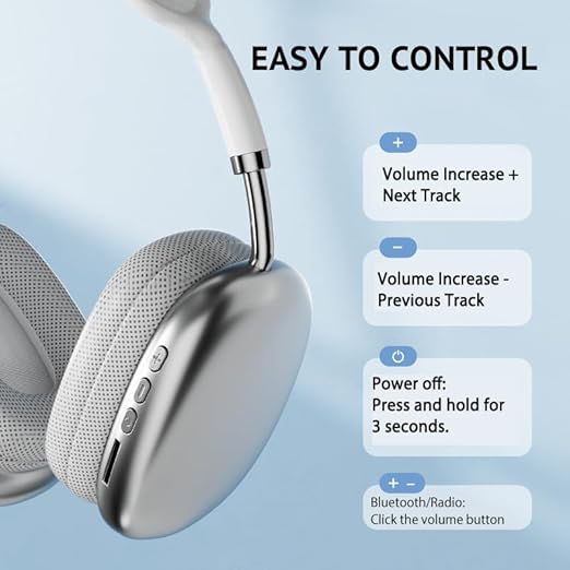 Premium P9 Bluetooth Headphones – Over-Ear, HiFi Sound, Long Battery, HD Voice Call, White/Silver