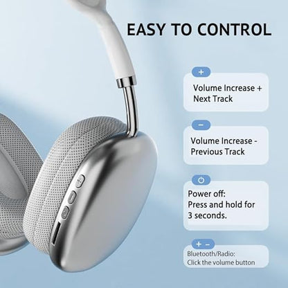 Premium P9 Bluetooth Headphones – Over-Ear, HiFi Sound, Long Battery, HD Voice Call, White/Silver