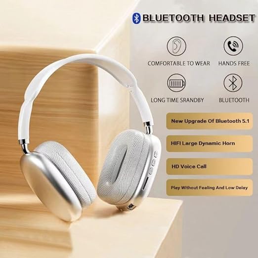 Premium P9 Bluetooth Headphones – Over-Ear, HiFi Sound, Long Battery, HD Voice Call, White/Silver