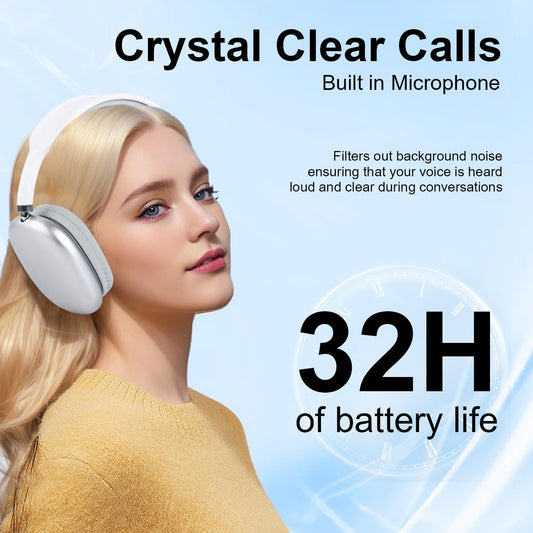 Premium P9 Bluetooth Headphones – Over-Ear, HiFi Sound, Long Battery, HD Voice Call, White/Silver