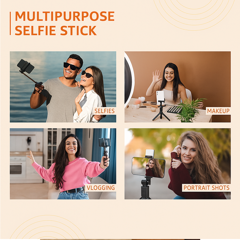 3-in-1 Selfie Stick with Tripod & Bluetooth Remote | Rechargeable LED Light (2 Brightness Levels) for Makeup, Vlogging, Selfies & Photoshoots