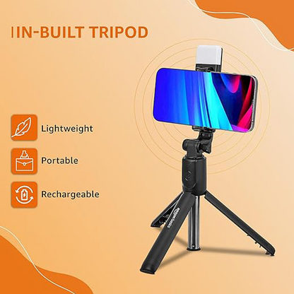 3-in-1 Selfie Stick with Tripod & Bluetooth Remote | Rechargeable LED Light (2 Brightness Levels) for Makeup, Vlogging, Selfies & Photoshoots