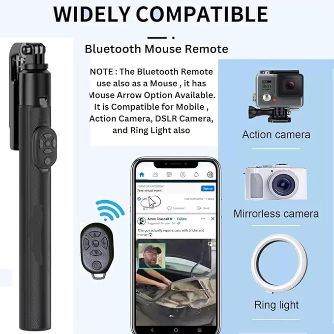 Micronetic Y17 67” Selfie Stick Tripod Stand – Stainless Steel, Bluetooth Remote for Photos & Vlogging